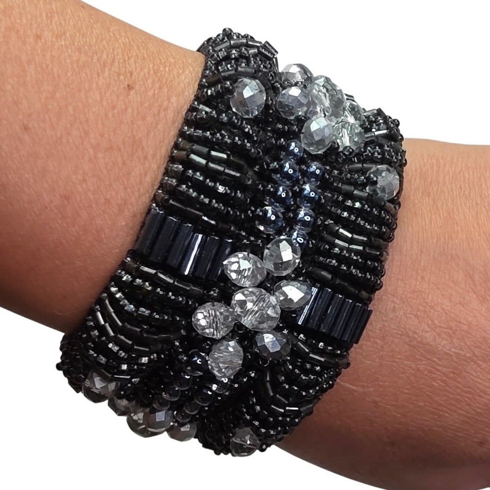 Black Beaded Cuff Bracelet Clear Crystal Floral Statement Snap Closure 7.75 in